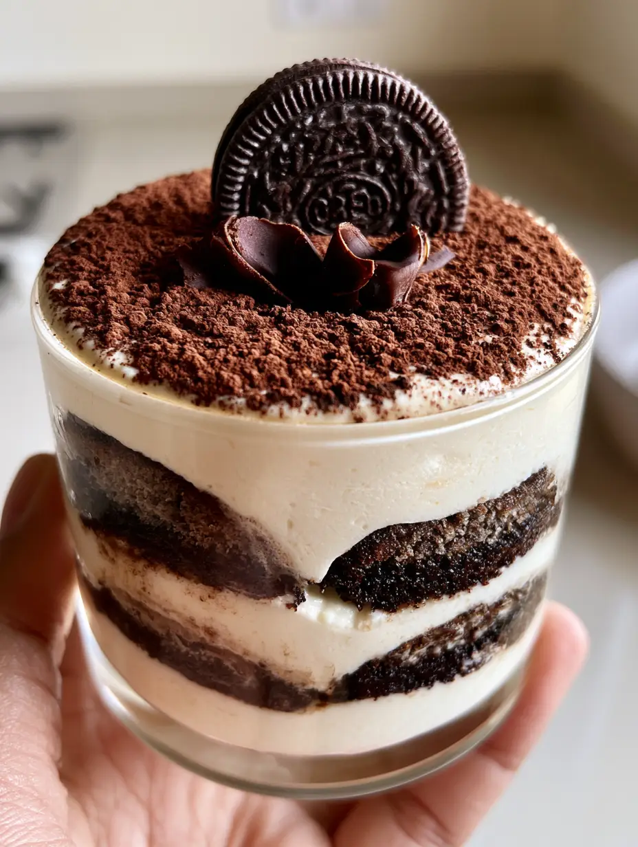 A close-up handheld photo of a single serving of chocolate oreo tiramisu in a glass cup.