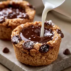 Close-up of textured golden-brown Cookie Shots with melted dark chocolate discs and flaky sea salt.