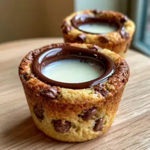 Close up photo of two chocolate chip cookie shots with glossy chocolate lining and creamy milk. (chocolate chip cookie shots)