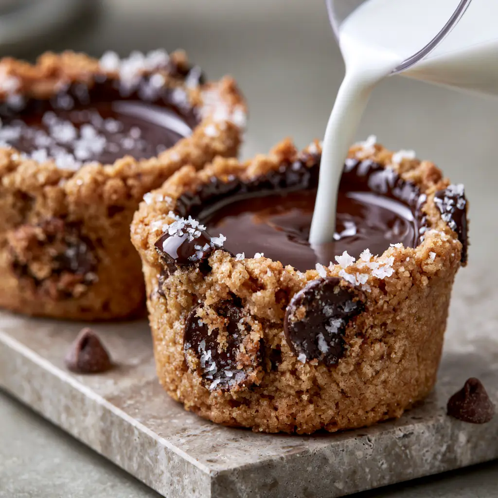 A thick, glossy dark chocolate lining inside a chocolate chip cookie shot cup.