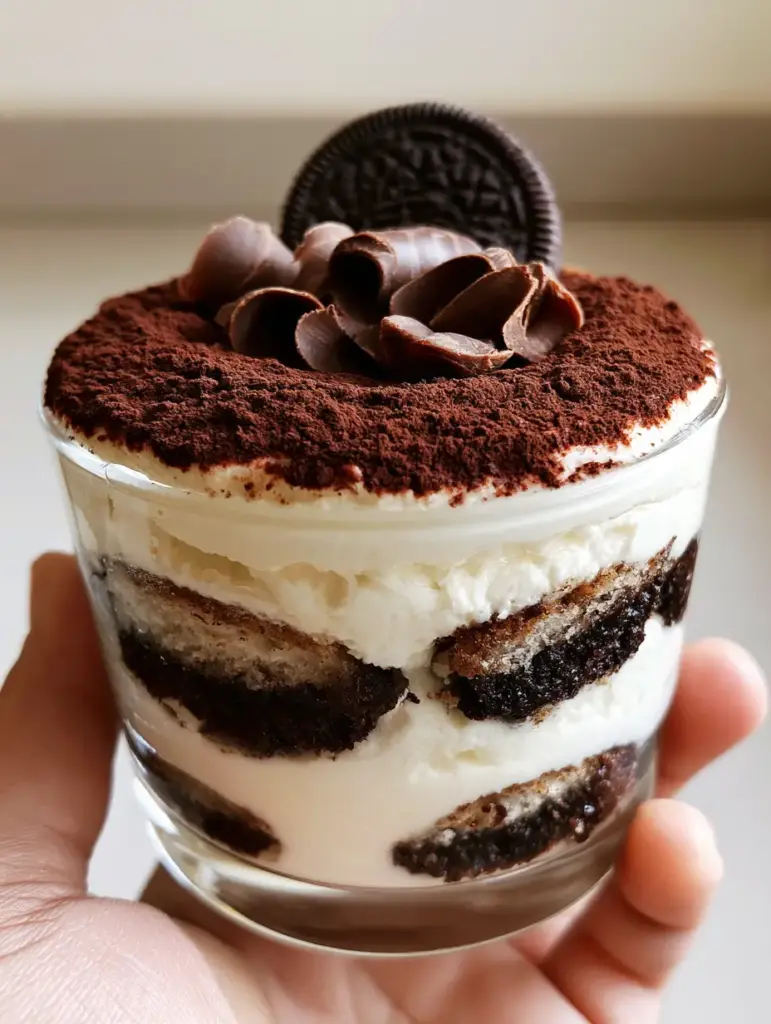 Top view of chocolate oreo tiramisu dusted with fine dark cocoa powder and garnished with chocolate curls.