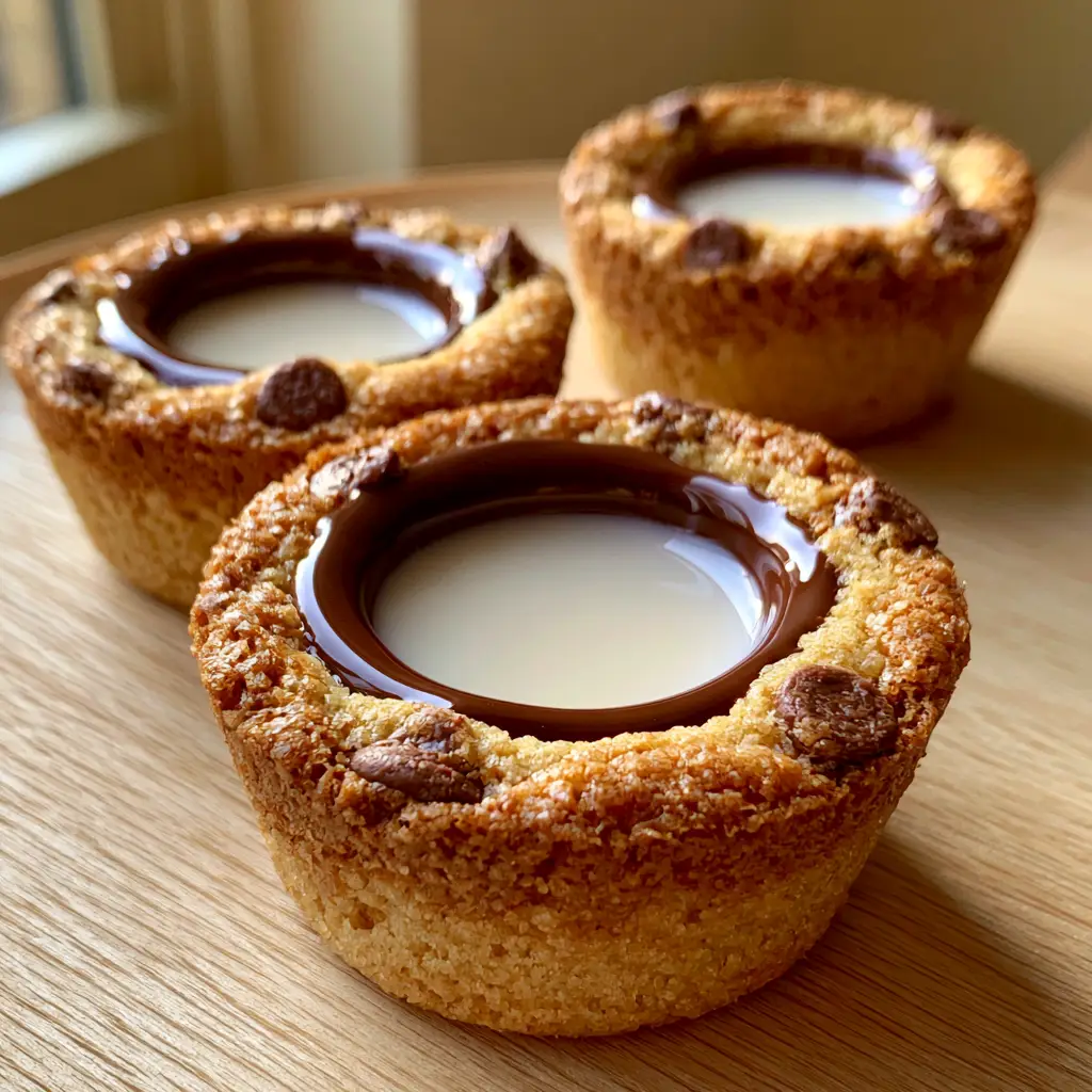 Handheld shot of chocolate chip cookie shots on a light wooden background showing the thick chocolate lining.