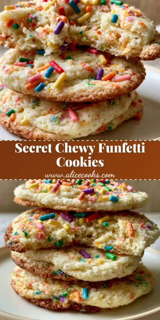 Funfetti Cookies: Thick, Pillowy, and Soft-Baked to Perfection 4 A stack of three thick funfetti cookies with rainbow sprinkles on a cream plate with a bite taken out to show the chewy interior.