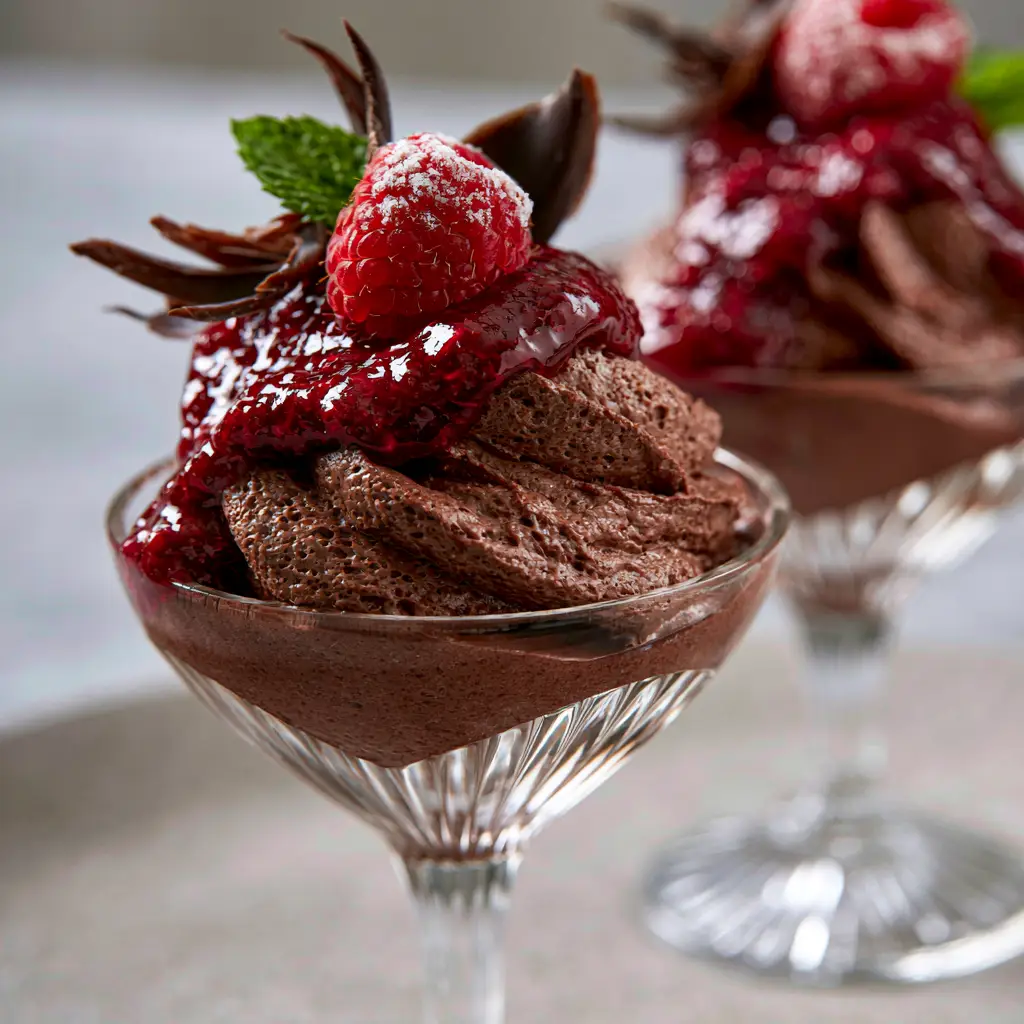 Overhead shot of two chocolate mousse coupes on a light grey background with glossy crimson raspberry sauce drizzle.