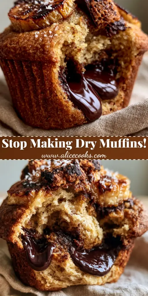 A warm banana chocolate muffin torn open to reveal melted chocolate pools and a moist crumb on a beige napkin. (banana chocolate muffins)