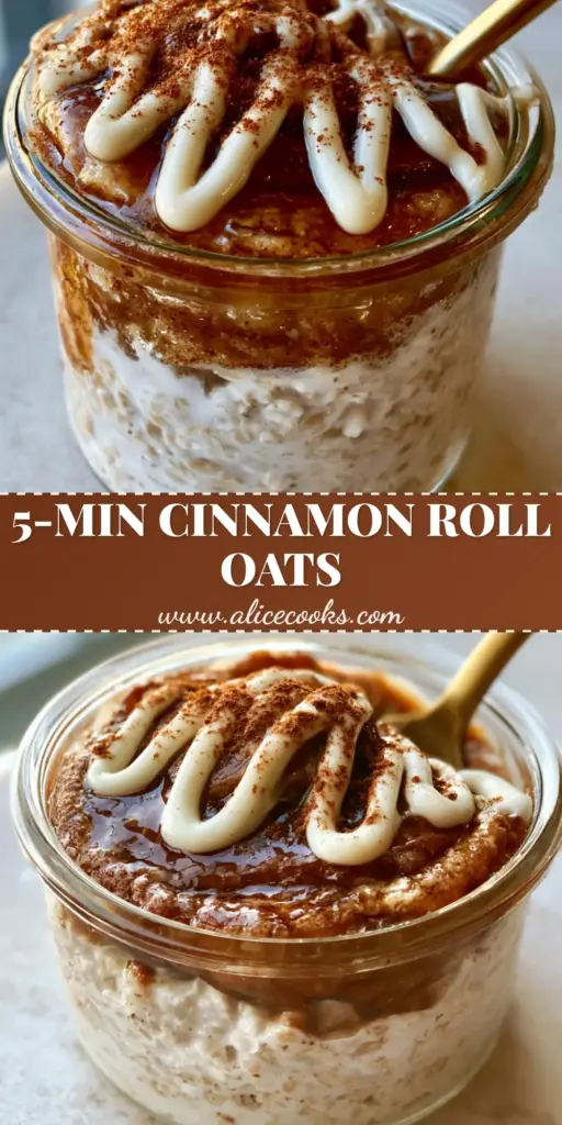 A premium glass jar filled with cinnamon roll overnight oats featuring a thick cinnamon swirl, white cream cheese drizzle, and a gold spoon.