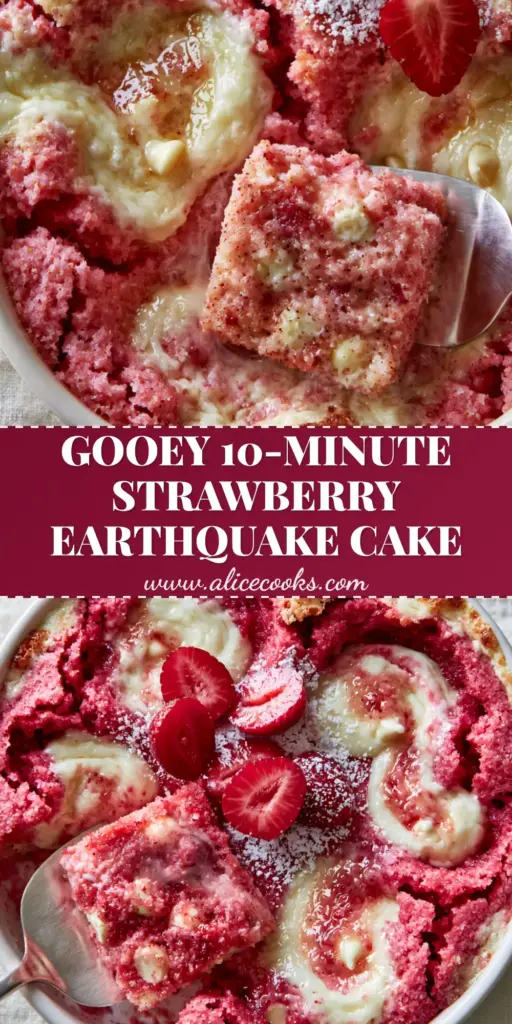 A vertical overhead shot of a Strawberry Earthquake Cake with a silver server lifting a square to reveal a moist, steaming interior and molten cream cheese swirls.