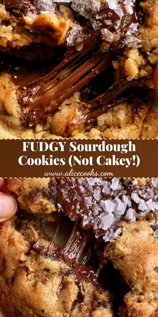A close-up shot of a thick, fudgy sourdough chocolate chip cookie pulled apart to show a warm, underbaked center on crumpled parchment paper.