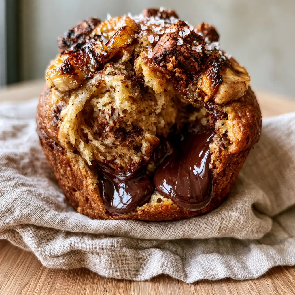 A warm banana chocolate muffin resting on a neutral beige linen napkin over an oak table.