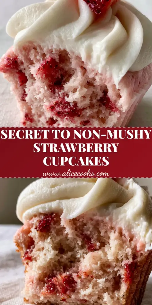 A tall, fluffy strawberry cupcake with a thick swirl of white cream cheese frosting and a fresh strawberry slice garnish. (Strawberry Cupcakes)