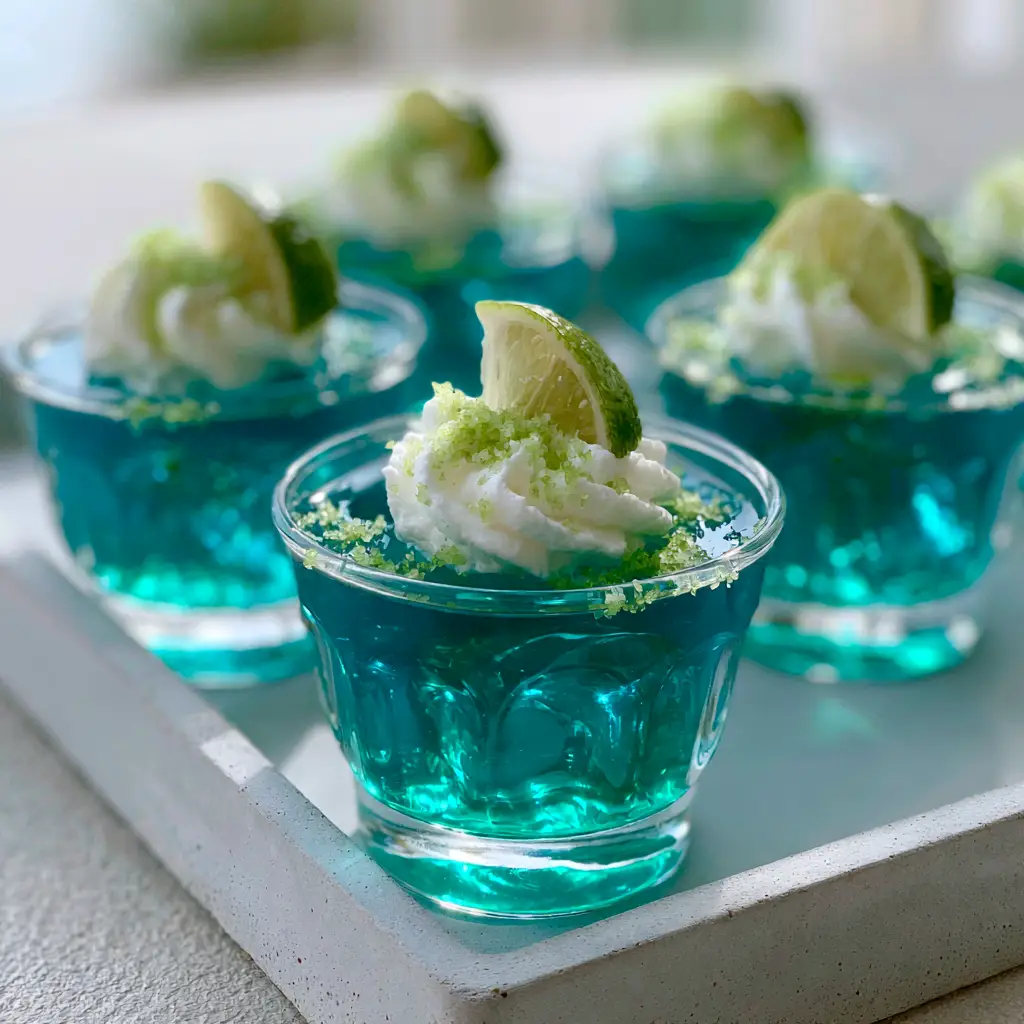 Baja Blast jello shots topped with whipped cream and green sanding sugar on a grey tray.