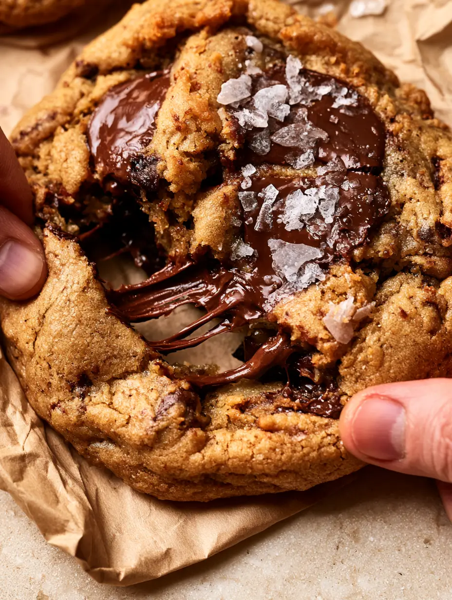 Macro shot of sourdough chocolate chip cookies featuring glossy melted dark chocolate pools and flaky sea salt.
