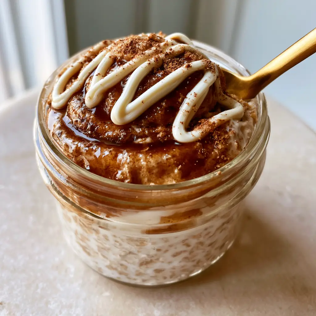 Close up of the white cream cheese glaze zigzag on top of cinnamon roll overnight oats.