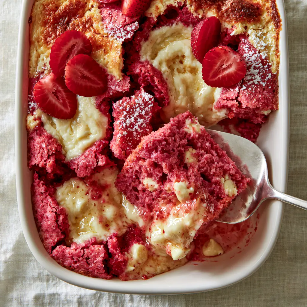 Close up of Strawberry Earthquake Cake highlights including melted white chocolate chips and powdered sugar dusting.