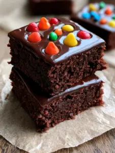 Macro shot of a stack of Homemade Cosmic Brownies showing the dense rich crumb and glossy ganache.