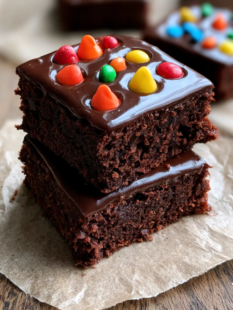 Macro shot of a stack of Homemade Cosmic Brownies showing the dense rich crumb and glossy ganache.
