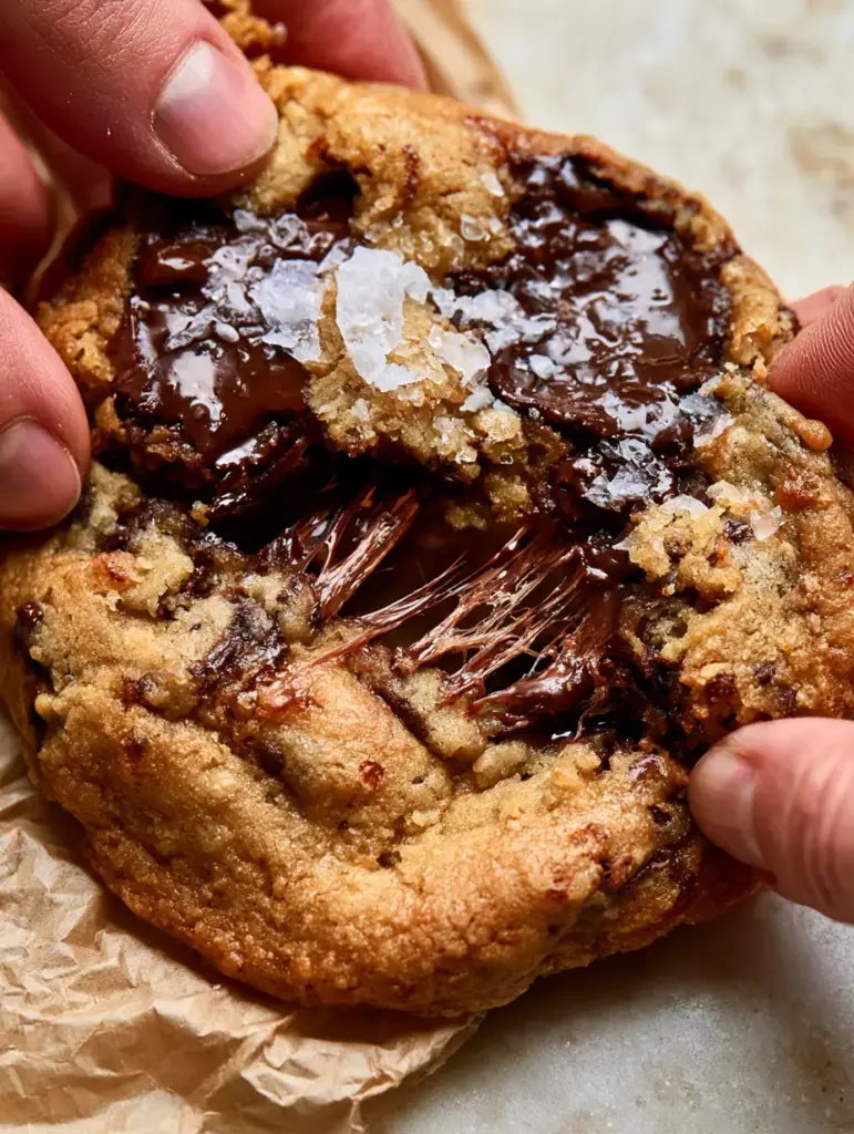 Extreme close-up of the caramelized brown butter crust on a sourdough chocolate chip cookie.