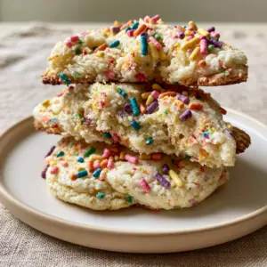Close up of funfetti cookies showing the bright white dough and crisp golden edges with distinct rainbow sprinkles.