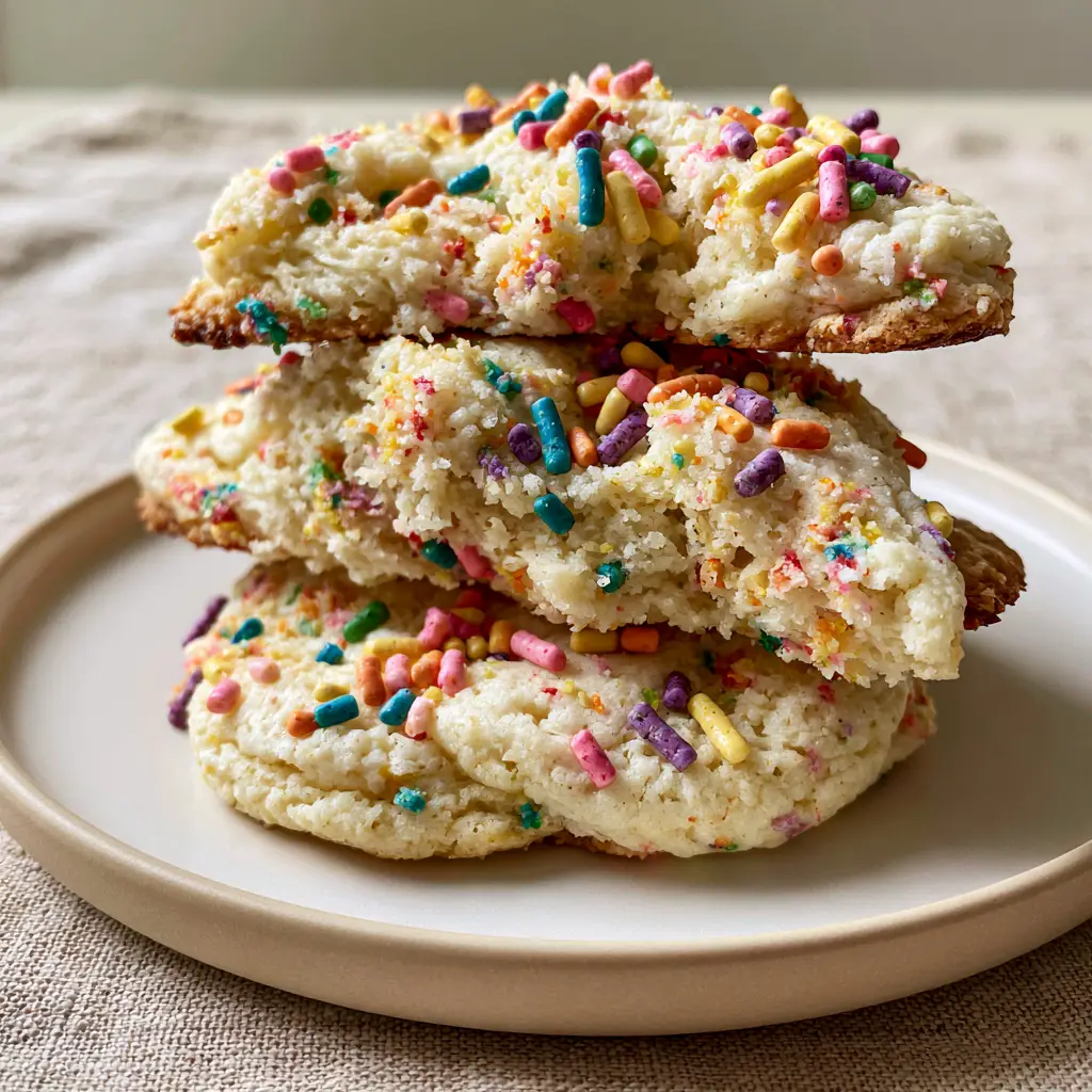 Close up of funfetti cookies showing the bright white dough and crisp golden edges with distinct rainbow sprinkles.