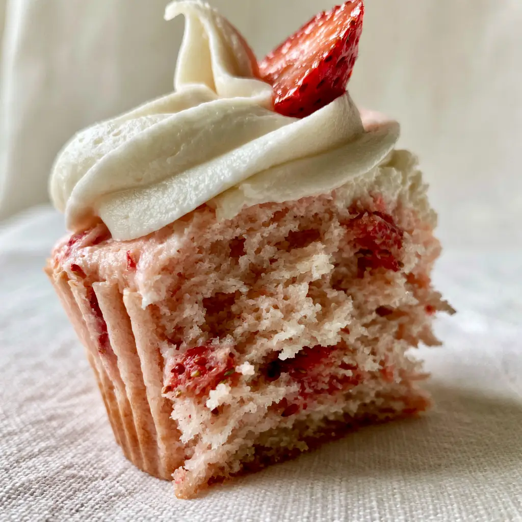 Close up of a golden-brown strawberry cupcake base with thick matte cream cheese frosting swirl. (Strawberry Cupcakes)