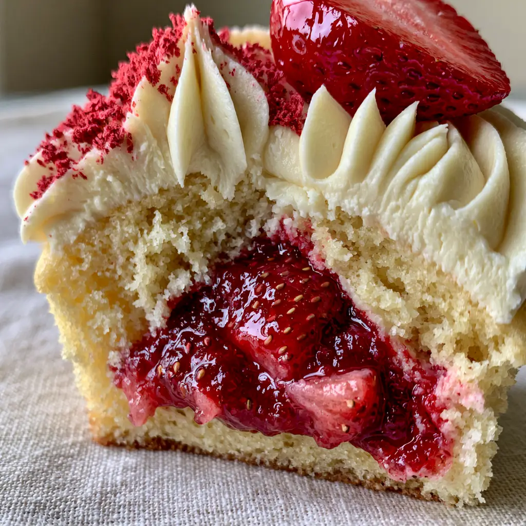 Top view of White Chocolate Strawberry Cupcakes with sharp star-tip buttercream ridges and freeze-dried strawberry powder.
