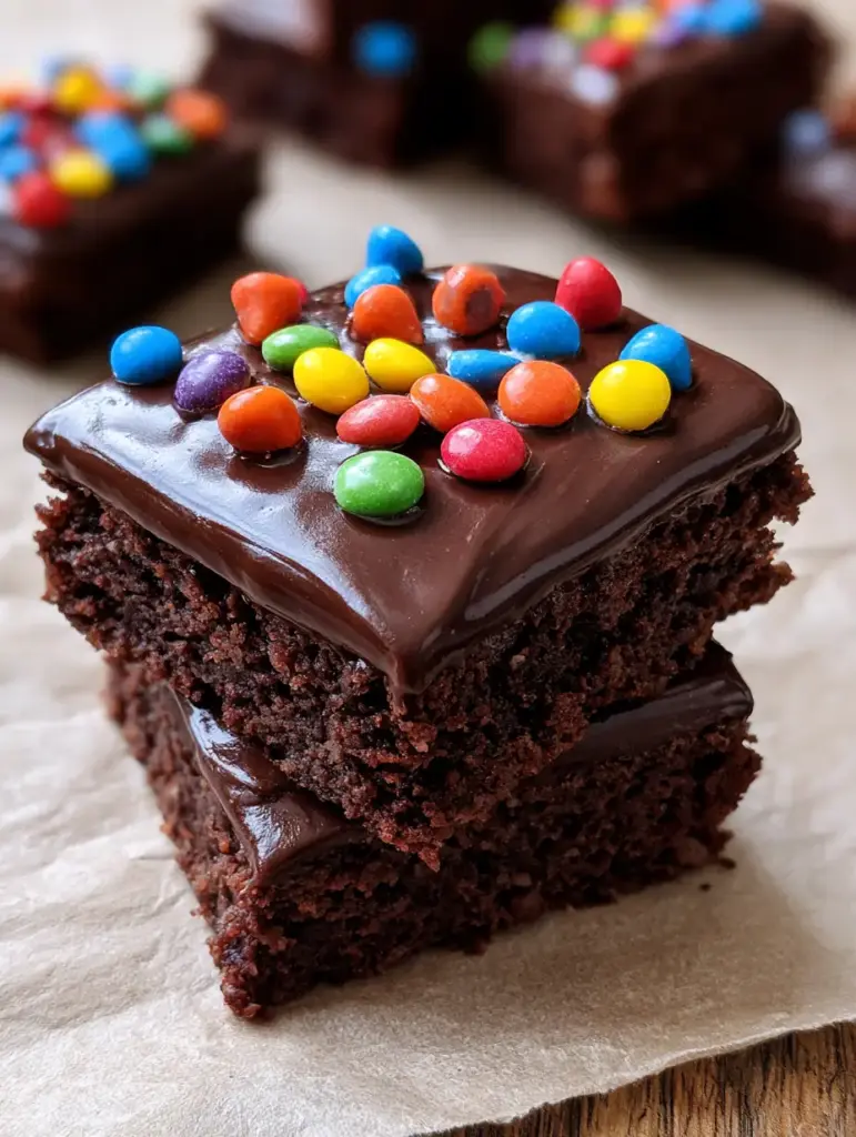 Top view of Homemade Cosmic Brownies with colorful rainbow candy-coated chocolate chips embedded in ganache.