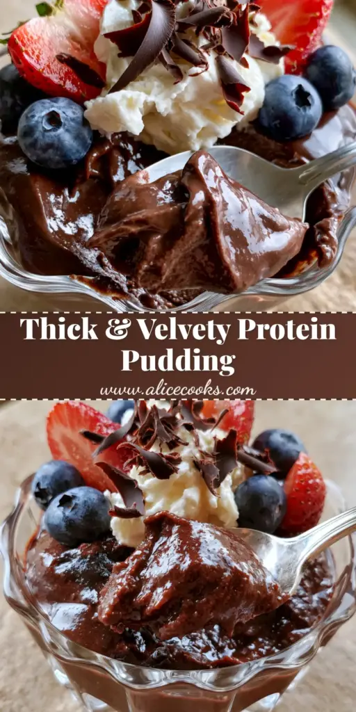 A handheld smartphone photo showing a silver spoon scooping a thick, glossy chocolate protein dessert from a fluted jar with strawberries.