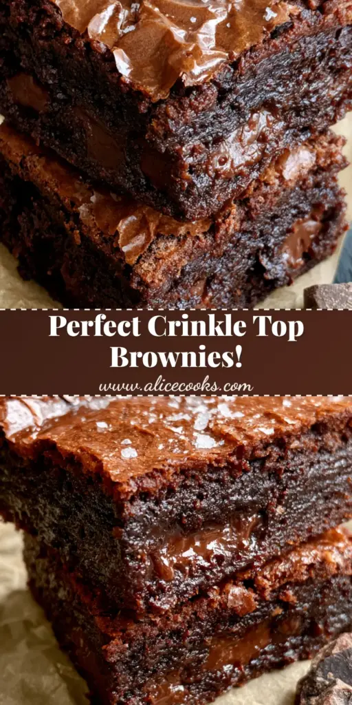 A stack of thick fudgy brownies with a shiny crackled crinkle top and visible melted chocolate chunks on dark parchment paper.