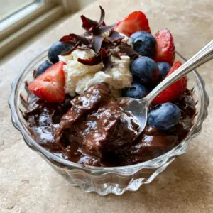 A rich dark chocolate protein pudding in a clear fluted jar illuminated by natural daylight. (Chocolate protein dessert)