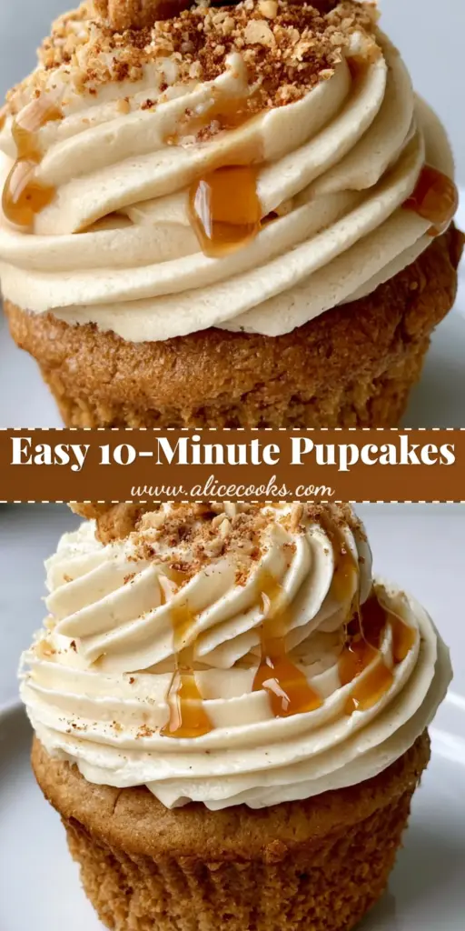 A close-up vertical shot of a Dog Birthday Cupcake with a piped peanut butter swirl, a mini bone biscuit, and honey drizzle. (Dog Birthday Cupcakes)