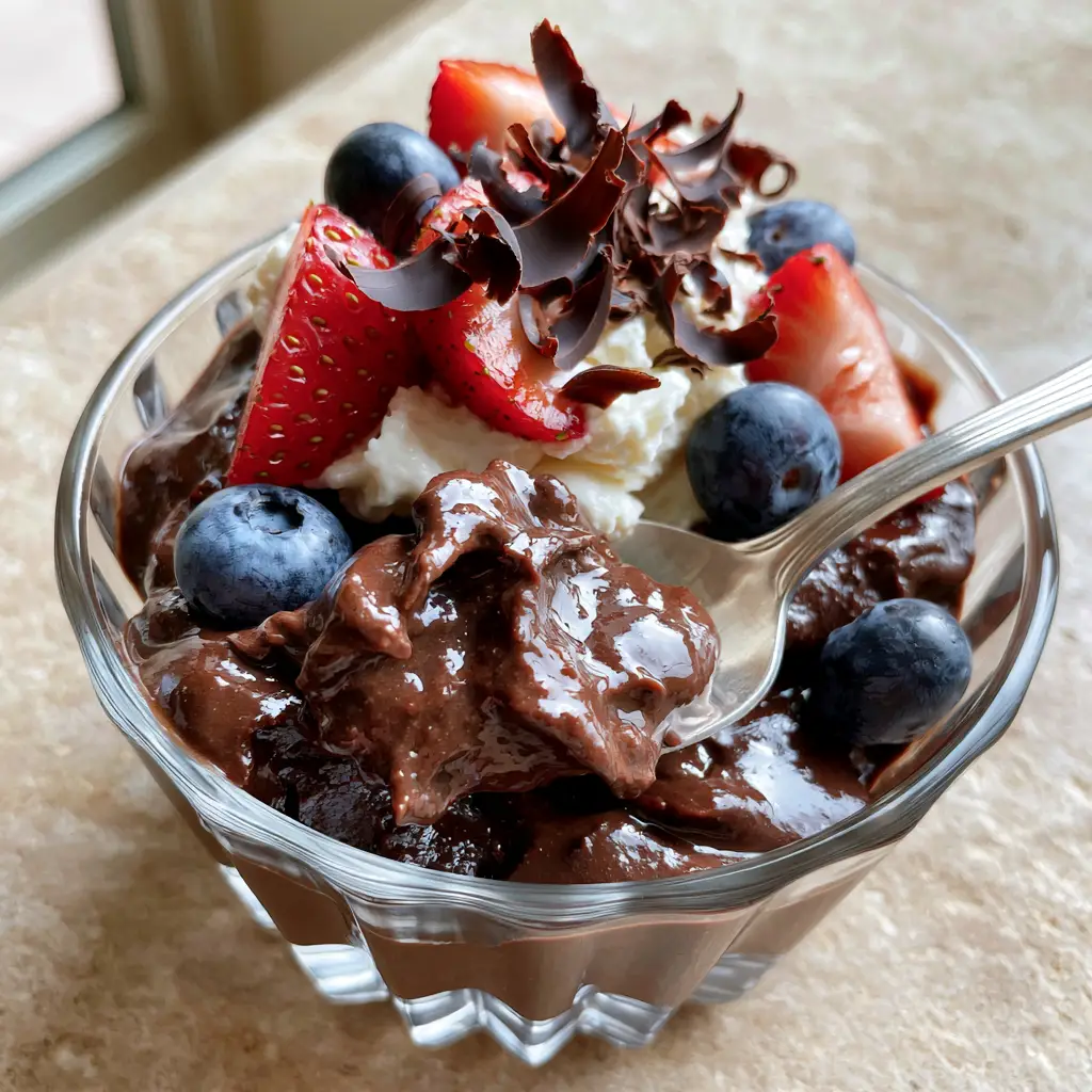 A close-up of fluffy whipped cream and dark chocolate curls on top of a chocolate protein dessert.
