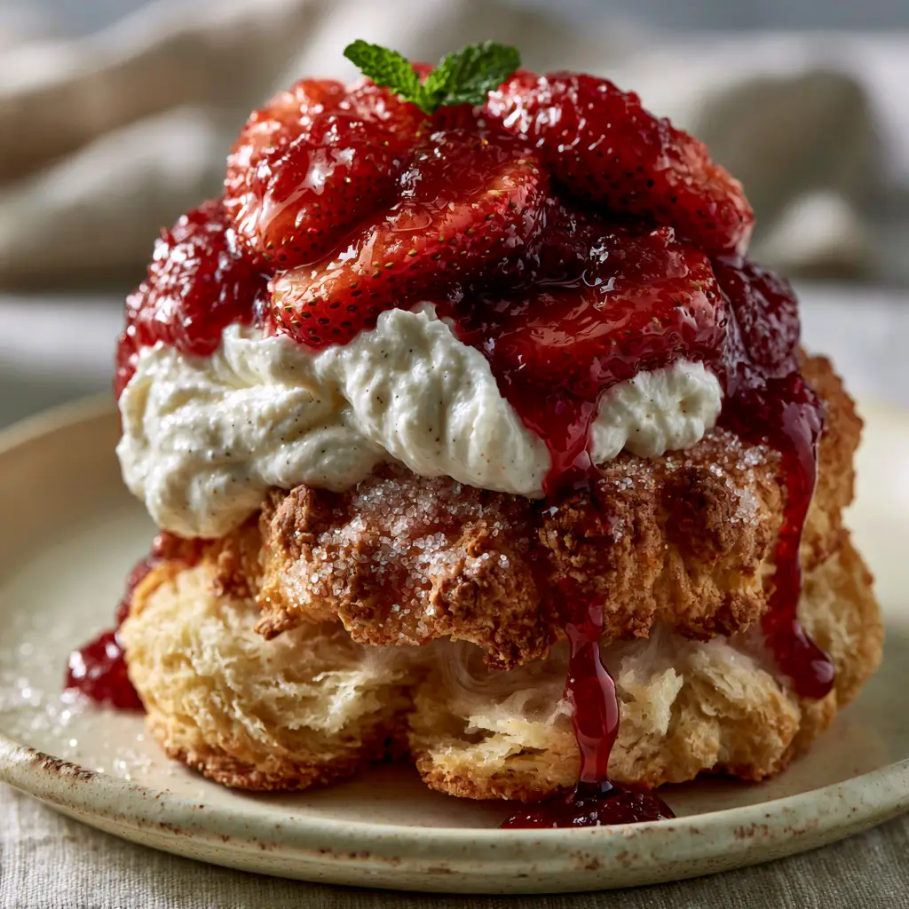 A warm split-open drop biscuit showing a flaky interior and golden-brown craggy crust. (strawberry shortcake biscuits)