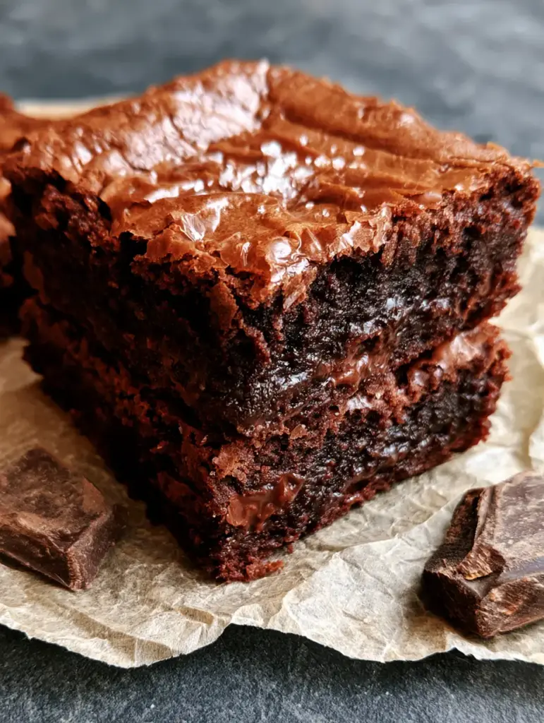 Overhead view of fudgy brownies with flaky sea salt and a paper-thin shiny crust.