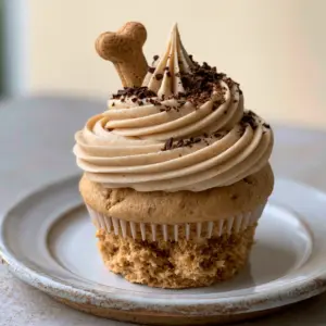 A gourmet doggie cupcake on a rustic white plate showing the fluffy golden-brown sponge and sharp frosting ridges.