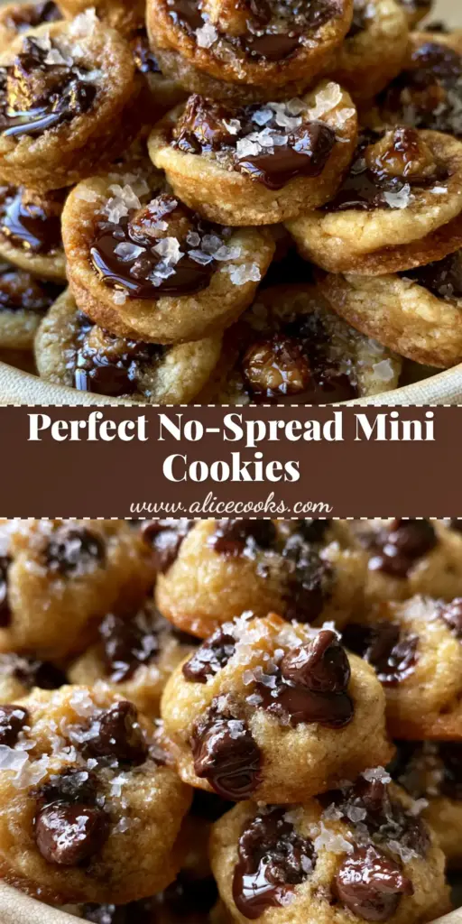 A tall pile of thick mini chocolate chip cookies with melted chocolate puddles and flaky salt in a cream bowl. (mini chocolate chip cookies)