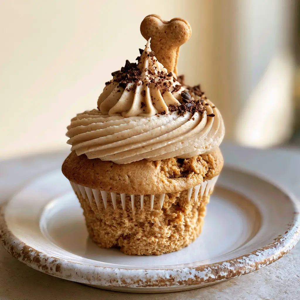 Two Doggie Cupcakes with beautifully piped light-tan cream cheese frosting and carob chip dusting.