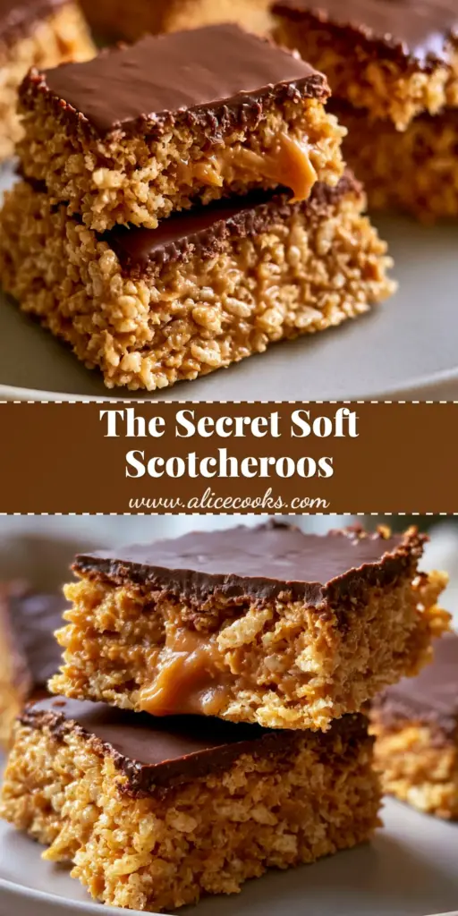 A handheld close-up of a sliced Scotcheroo bar showing the thick peanut butter cereal base and glossy chocolate butterscotch ganache topper.