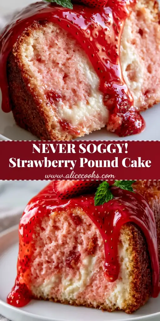 A vertical shot of a slice of strawberry pound cake with a thick glossy red strawberry glaze mid-drip, pink interior crumb, and cream cheese swirls on a white plate.