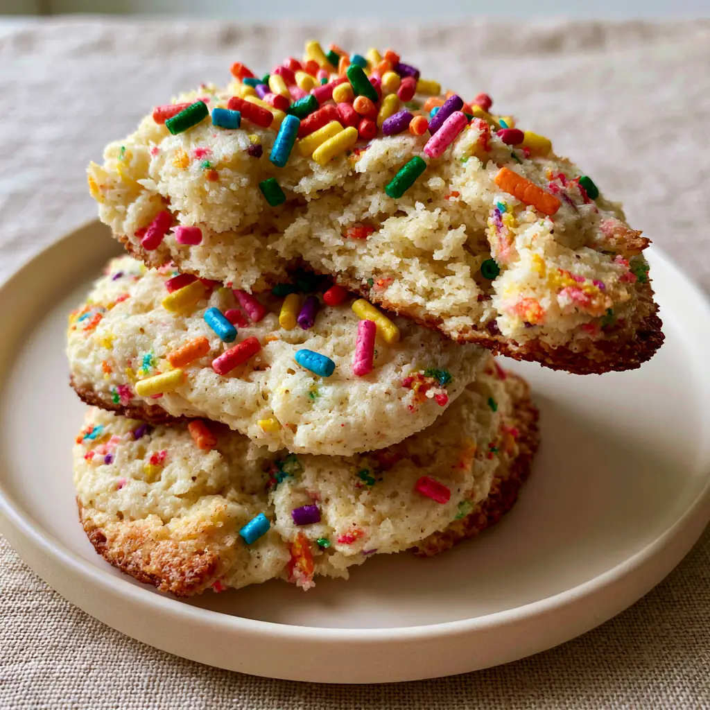 Funfetti Cookies: Thick, Pillowy, and Soft-Baked to Perfection 1 Broken funfetti cookie revealing a moist, dense, and chewy cake-batter interior.