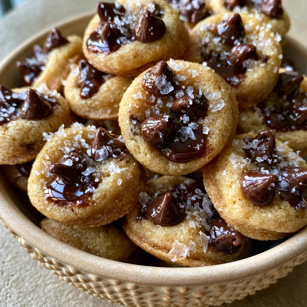 Tactile pile of mini cookies with glossy liquid chocolate puddles and sea salt crystals.