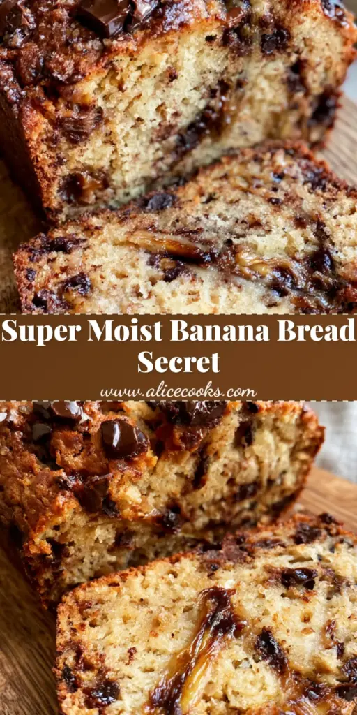 A tall Pinterest pin showing a close-up of moist banana bread with caramelized banana ribbons and melted chocolate chips.