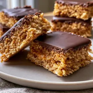 Ultra close-up of Scotcheroos texture showing the crispy rice cereal bound by creamy peanut butter. (Scotcheroos)