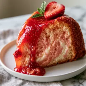 Close-up of a strawberry pound cake slice showing the golden-brown crust and moist light-pink crumb with white cream cheese swirls.