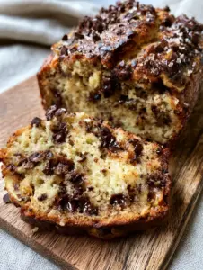 A close-up shot of freshly sliced chocolate chip banana bread on a rustic board with a cracked golden crust.