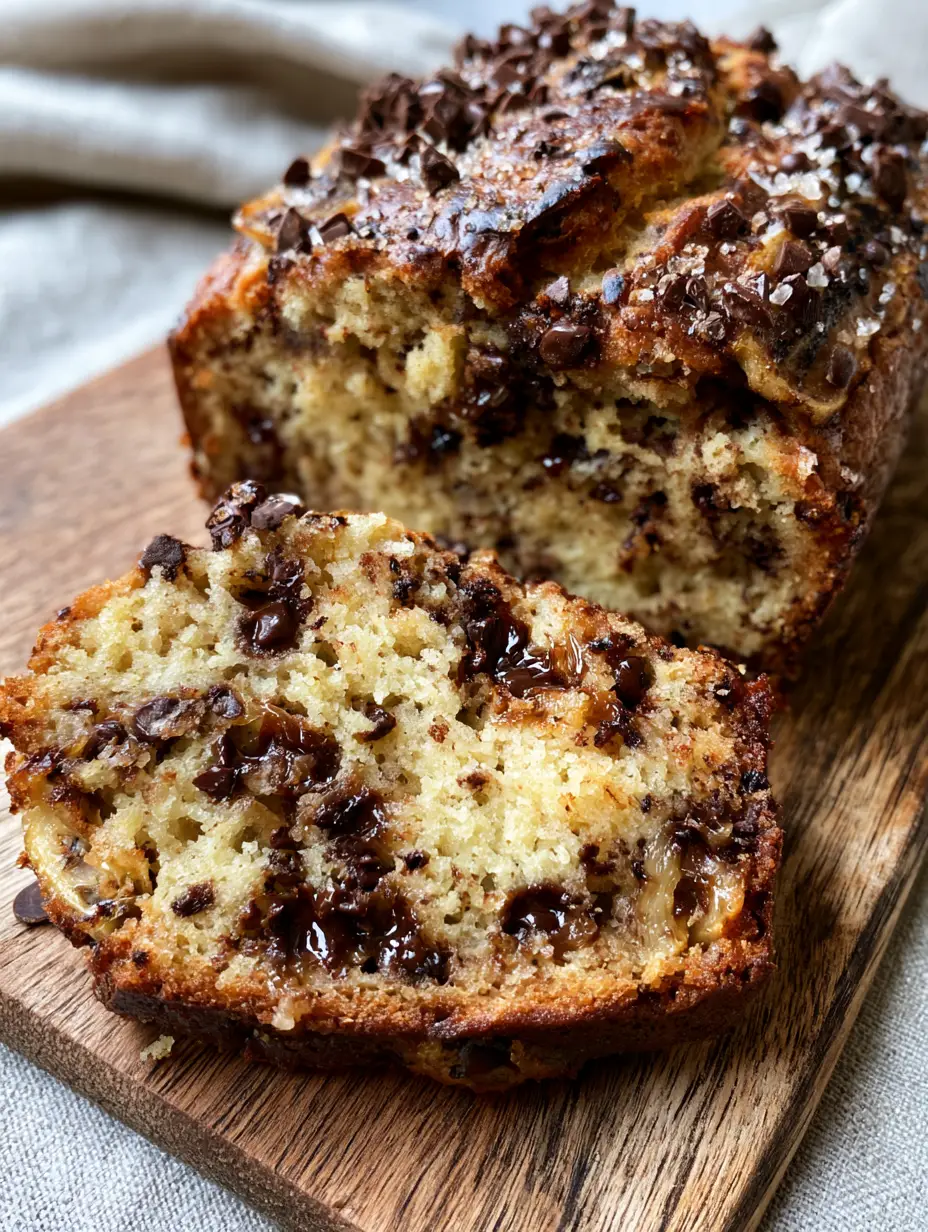 A close-up shot of freshly sliced chocolate chip banana bread on a rustic board with a cracked golden crust.