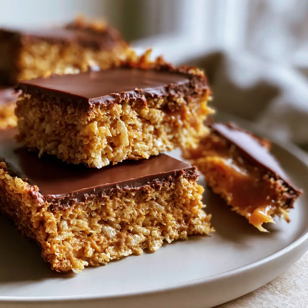 A single Scotcheroo bar being pulled away, showcasing a soft gooey caramel-like pull and smooth melted butterscotch topping.