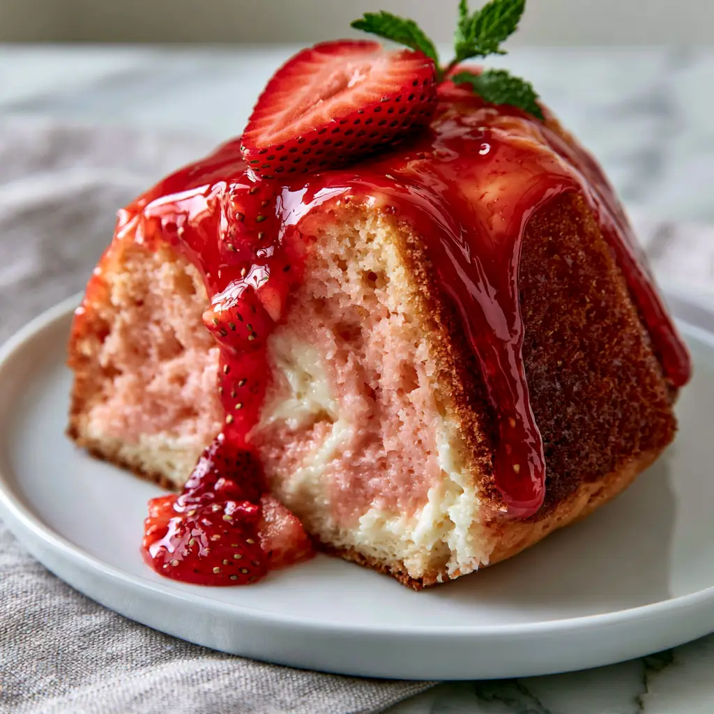 A thick slice of strawberry cream cheese pound cake on a marble countertop with natural lighting highlighting the glossy glaze.