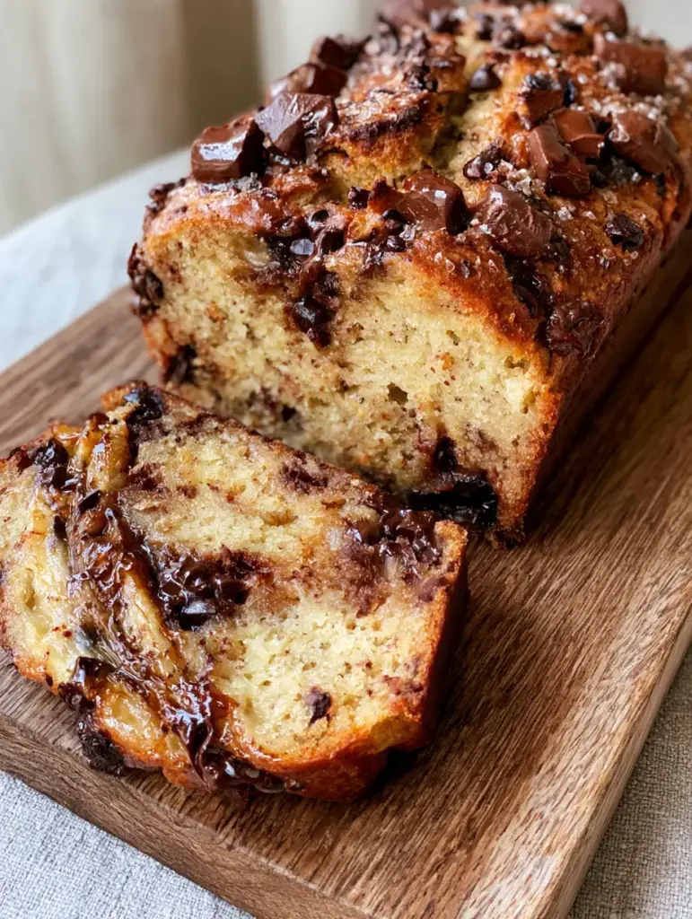 Top view of banana bread featuring caramelized banana ribbons and glistening chocolate chunks.
