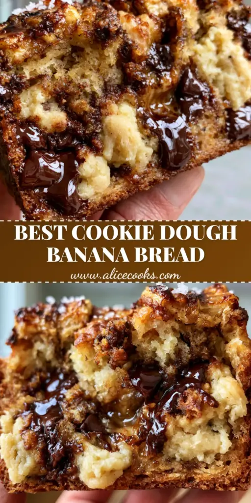 A thick handheld slice of cookie dough banana bread showing a gooey center with pale dough chunks and melted chocolate chips.