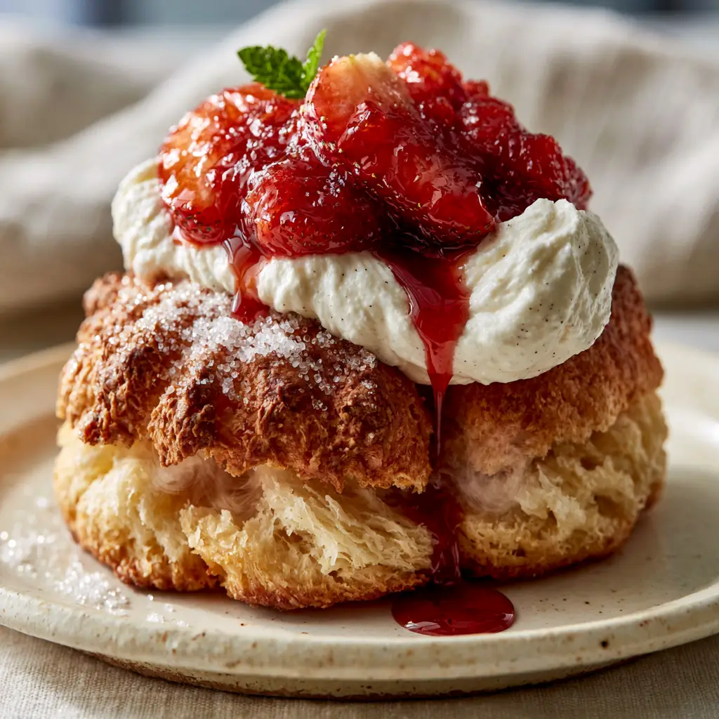 Glistening ruby-red macerated strawberries dripping down a billowy dollop of vanilla cream on a biscuit.